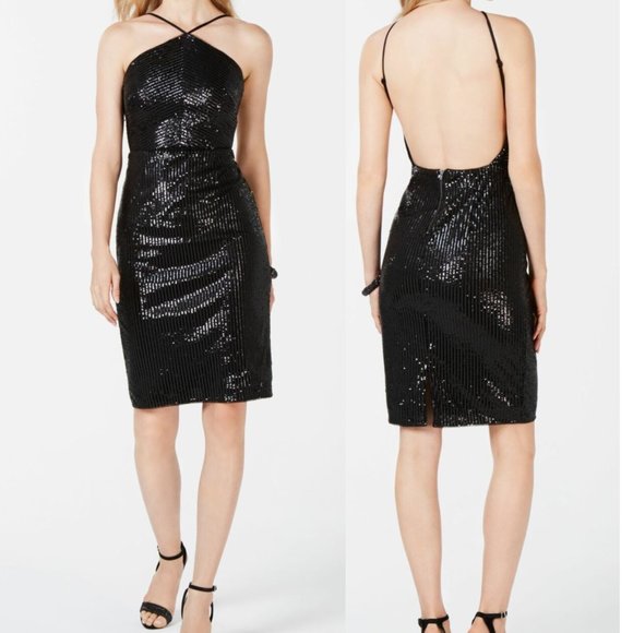 NWT ADRIANNA PAPELL Black Sequin Mini Midi Dress XS Backless Strappy Party Sexy - Picture 9 of 13